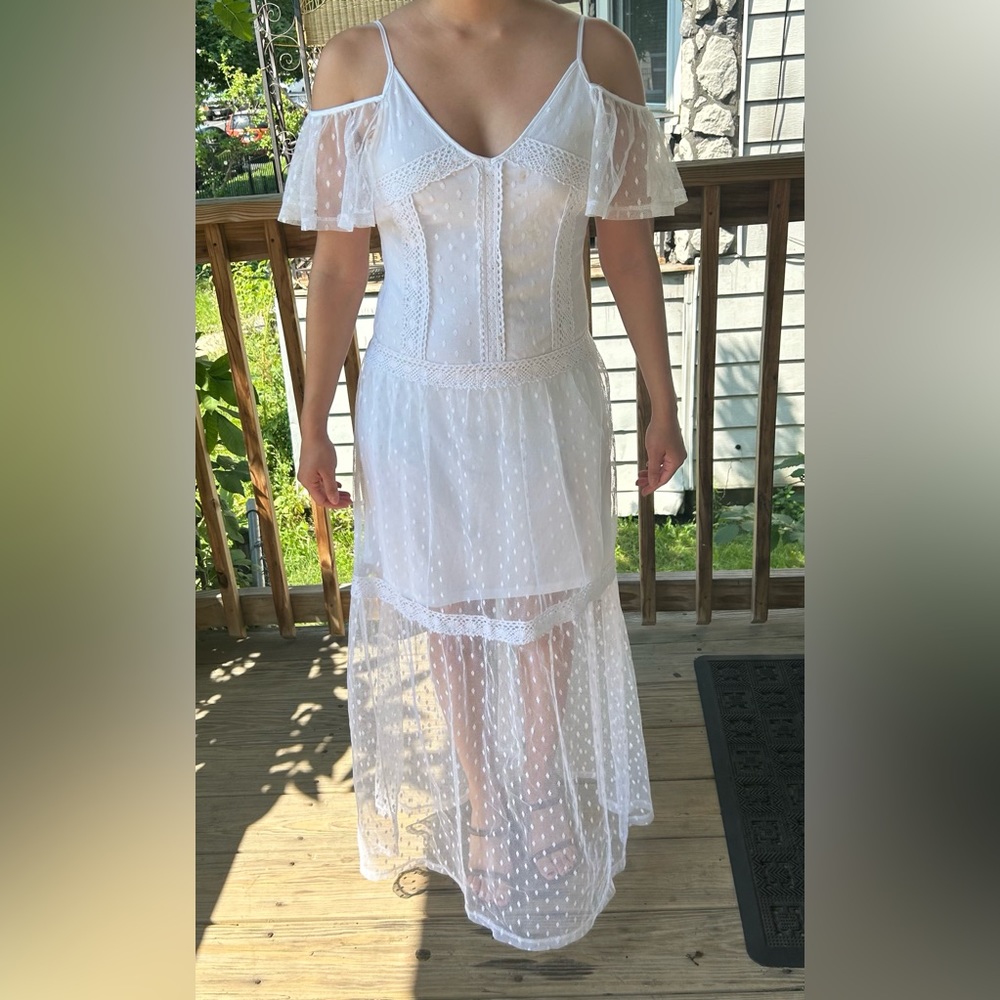 White lace maxi off the shoulder dress